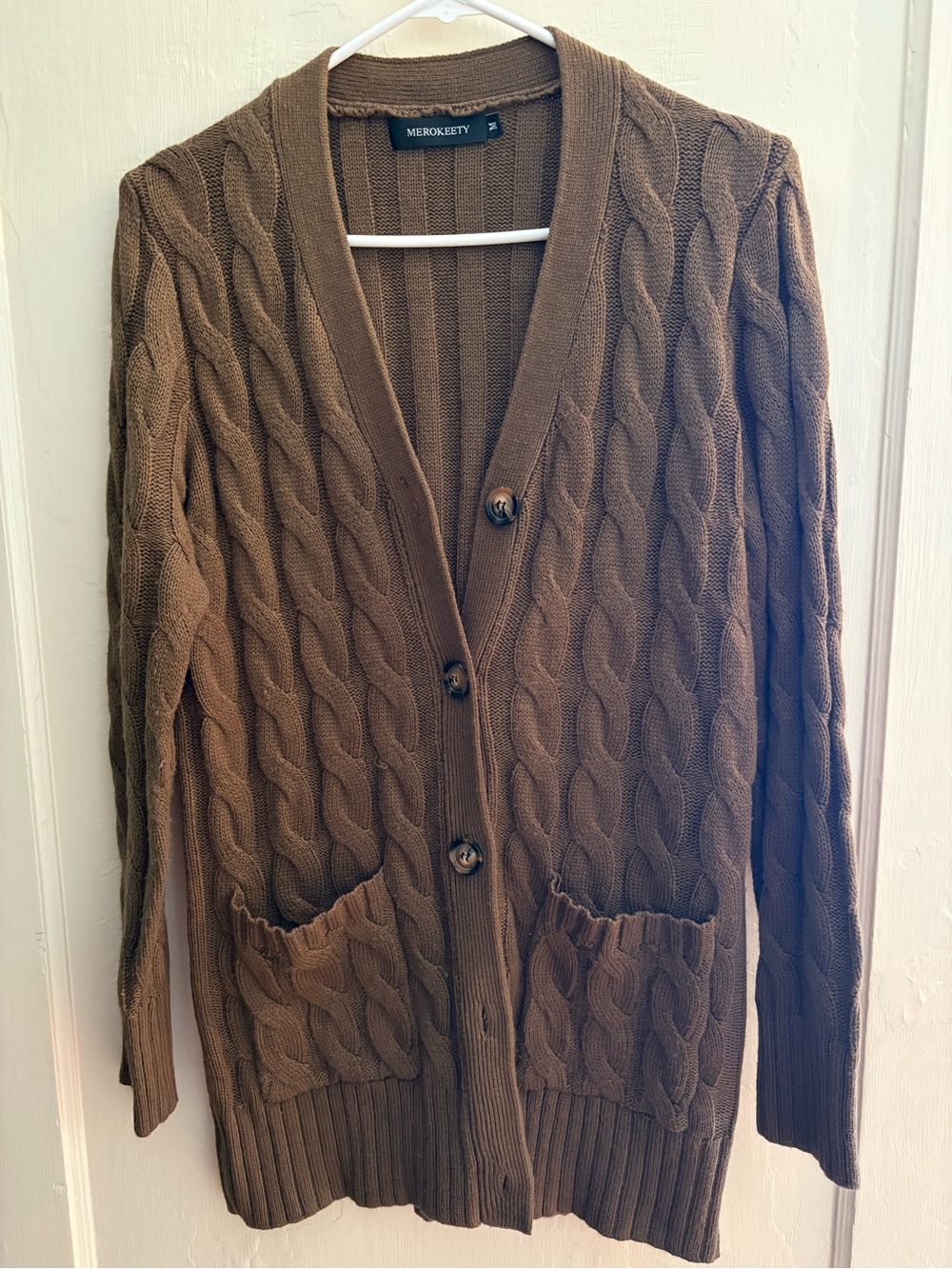 Merokeety: Women's Brown Cable Knit Cardigan